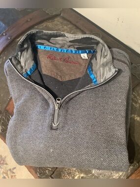 Robert Graham Gray Cotton 1/4 Zip Knit Pullover with Blue Trim - Sz Med